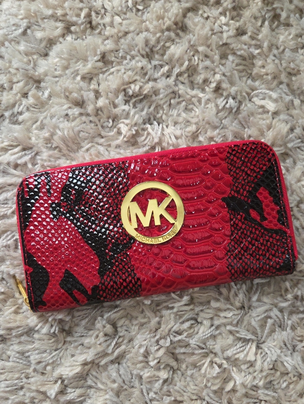 Michael Kors Red and Black Snake-Print Zip Around Wallet with Gold MK Emblem